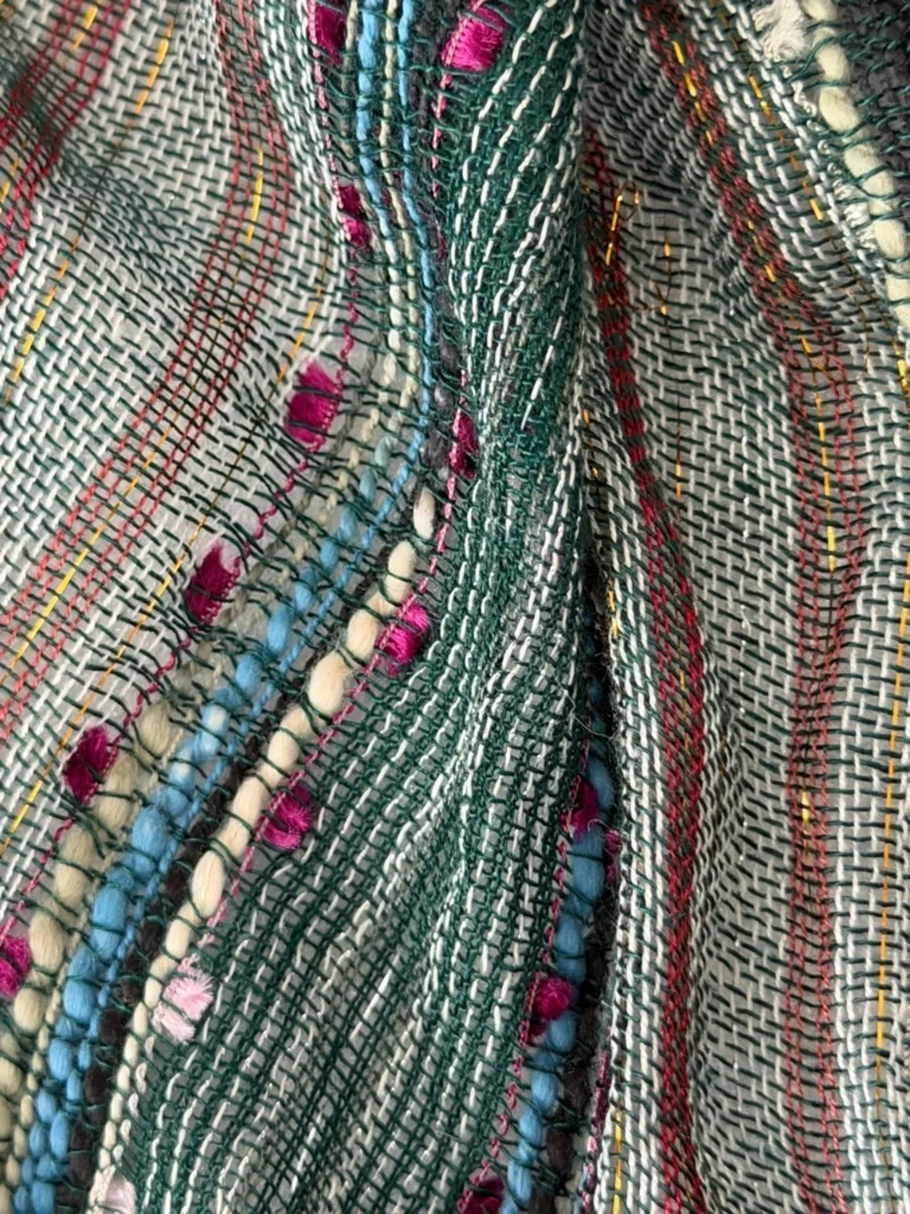 Boho Textured Infinity Scarf Green Multi Stripe Woven Lightweight Artisan Style